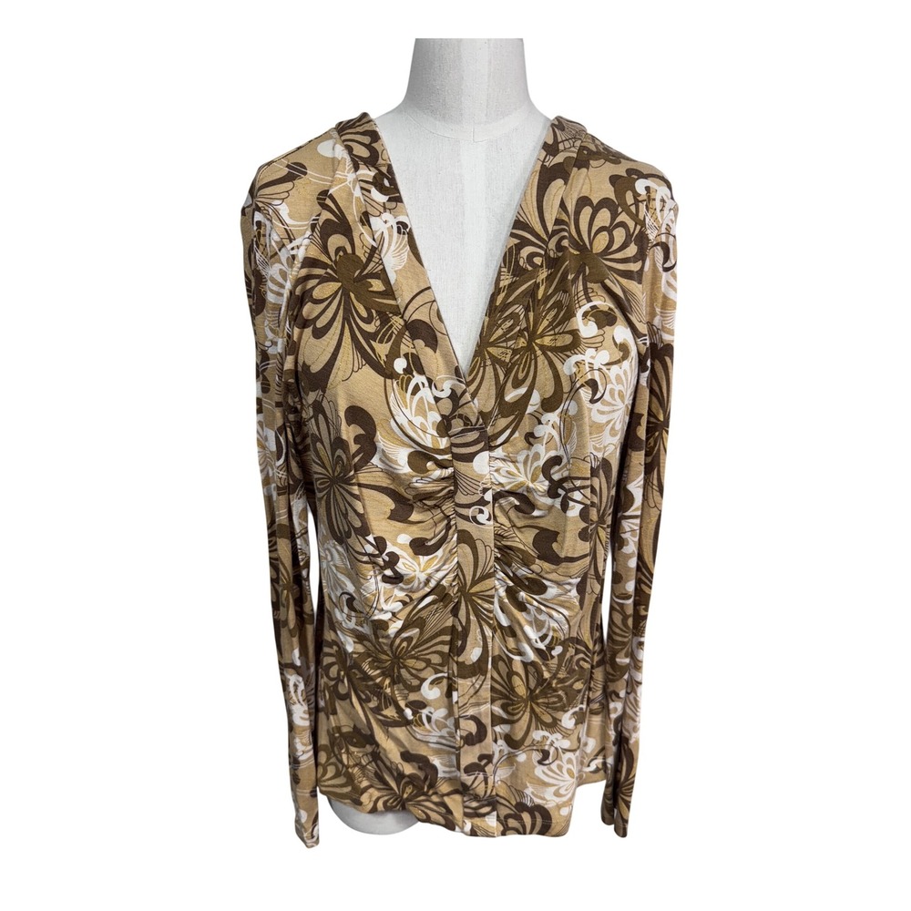 New York & Company Large Brown Floral Top Women's Long Sleeve Ruched‎ V-Neck